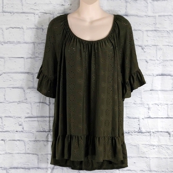 PerSeption Woman Top Olive Green Eyelet Boho Sleeves Sz 2X - Picture 1 of 5